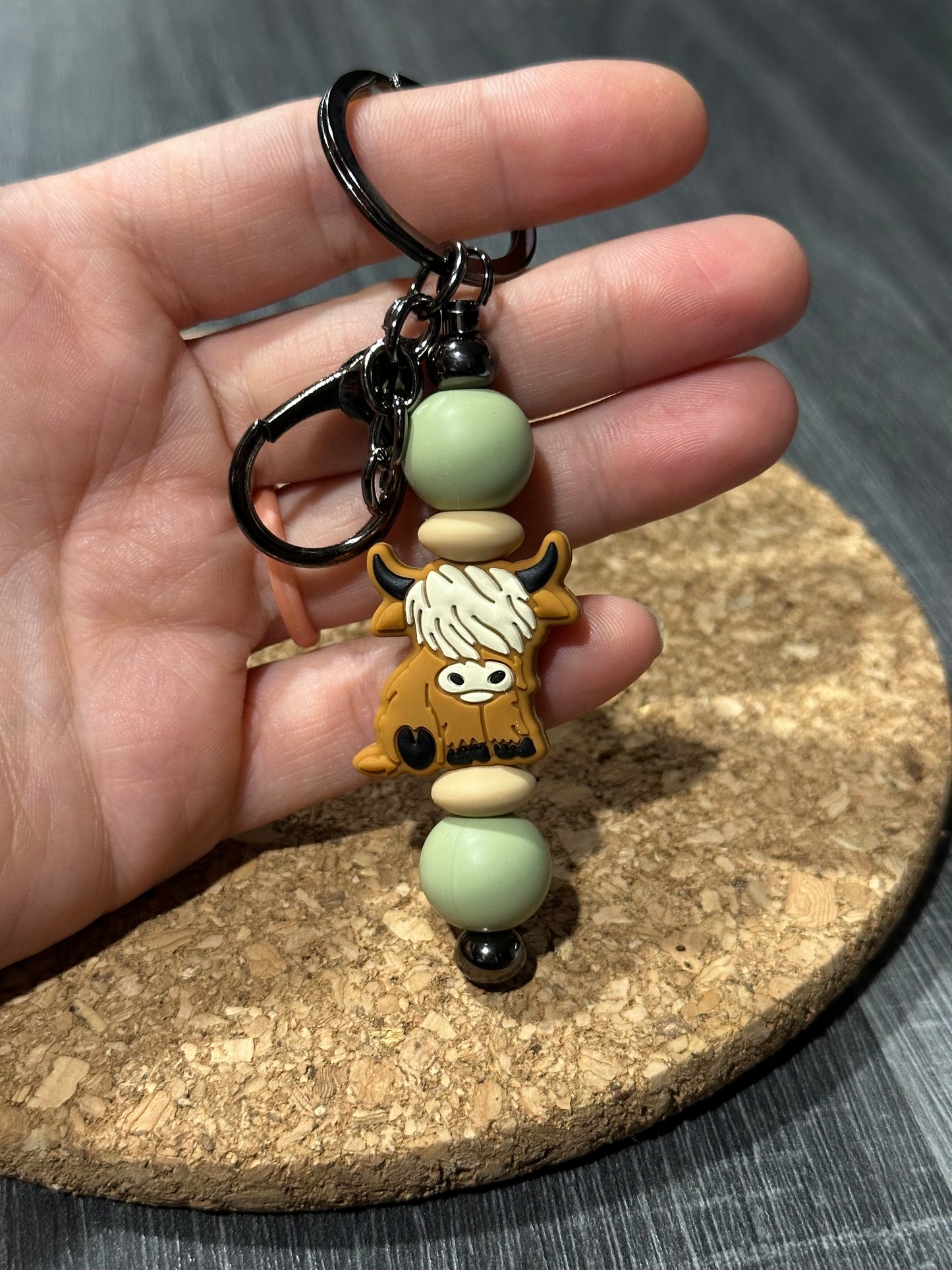 Olive Highland Cow Bar Keychain